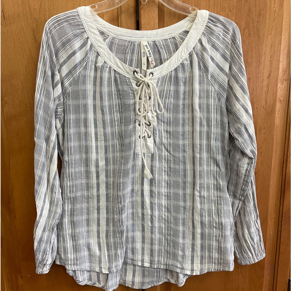 Gauzy Grey & Off White Beachy Top Large Eyelet Tie Girl Krazy Cotton